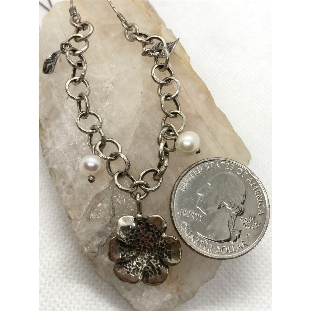 Vintage B 925 Flower Pearl Leaf Pendant 17'' Necklace Sterling 925 Silver 7.5g - Picture 2 of 8